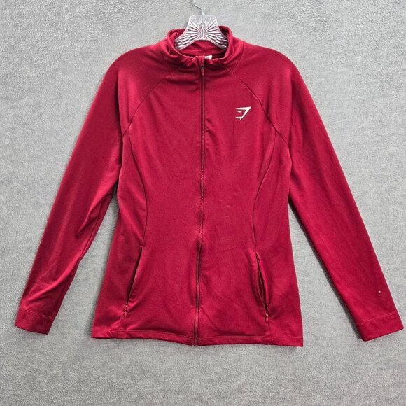 Gymshark Women Jacket M Red Track‎ Powertech Logo Zipper Long Sleeve - Picture 1 of 10